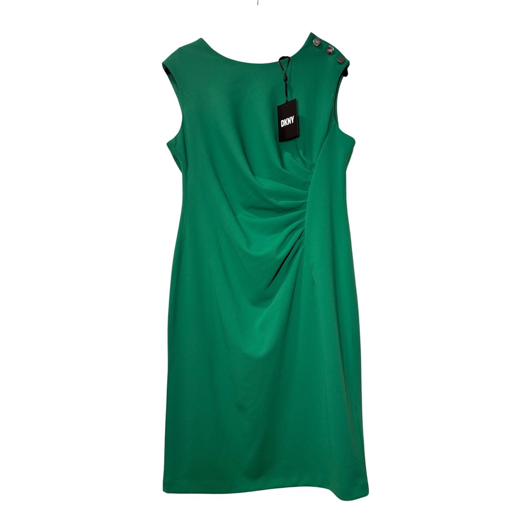 DKNY NWT Green Sleeveless Ruched Sheath Dress Button Shoulder- Size 10